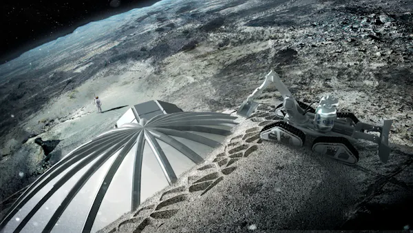 An illustration of a domed base built into the lunar surface with a construction excavator next to it.