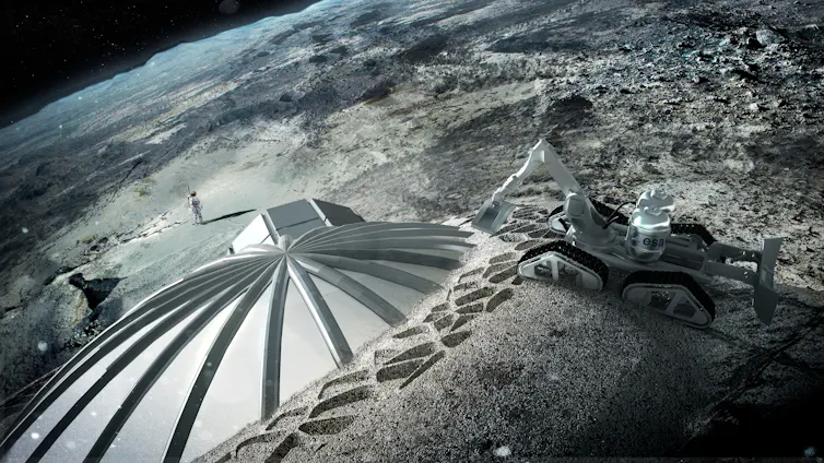 La construcción de una base lunar a largo plazo requerirá una planificación exhaustiva: un geólogo planetario describe las consideraciones que implica 2 Ilustración de una base abovedada incrustada en la superficie lunar con una excavadora de construcción al lado.