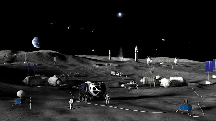 An illustration of the lunar surface, with rockets, rovers, astronauts and small structures sprinkled across it.