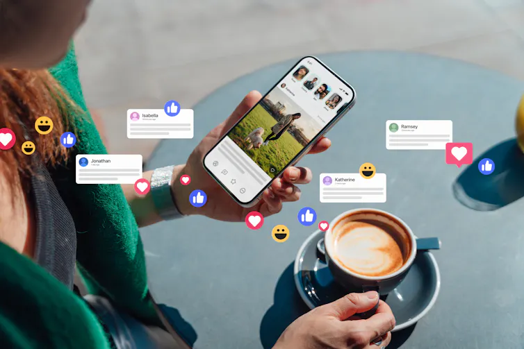 Civility calls for the willingness to interact – a dispute with a neighbor published how a lot motivation issues 4 social media 'like' bubbles popping over woman holding phone above coffee