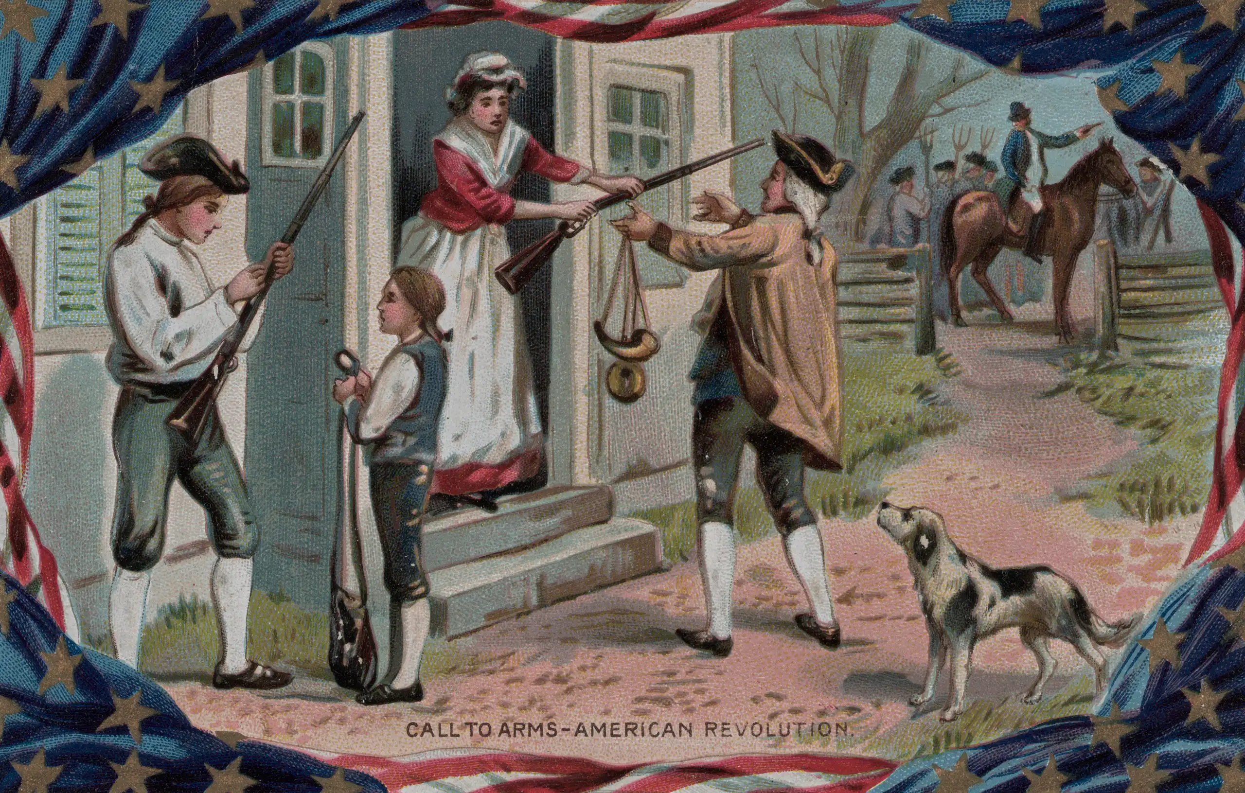 illustration of people in colonial garb with muskets