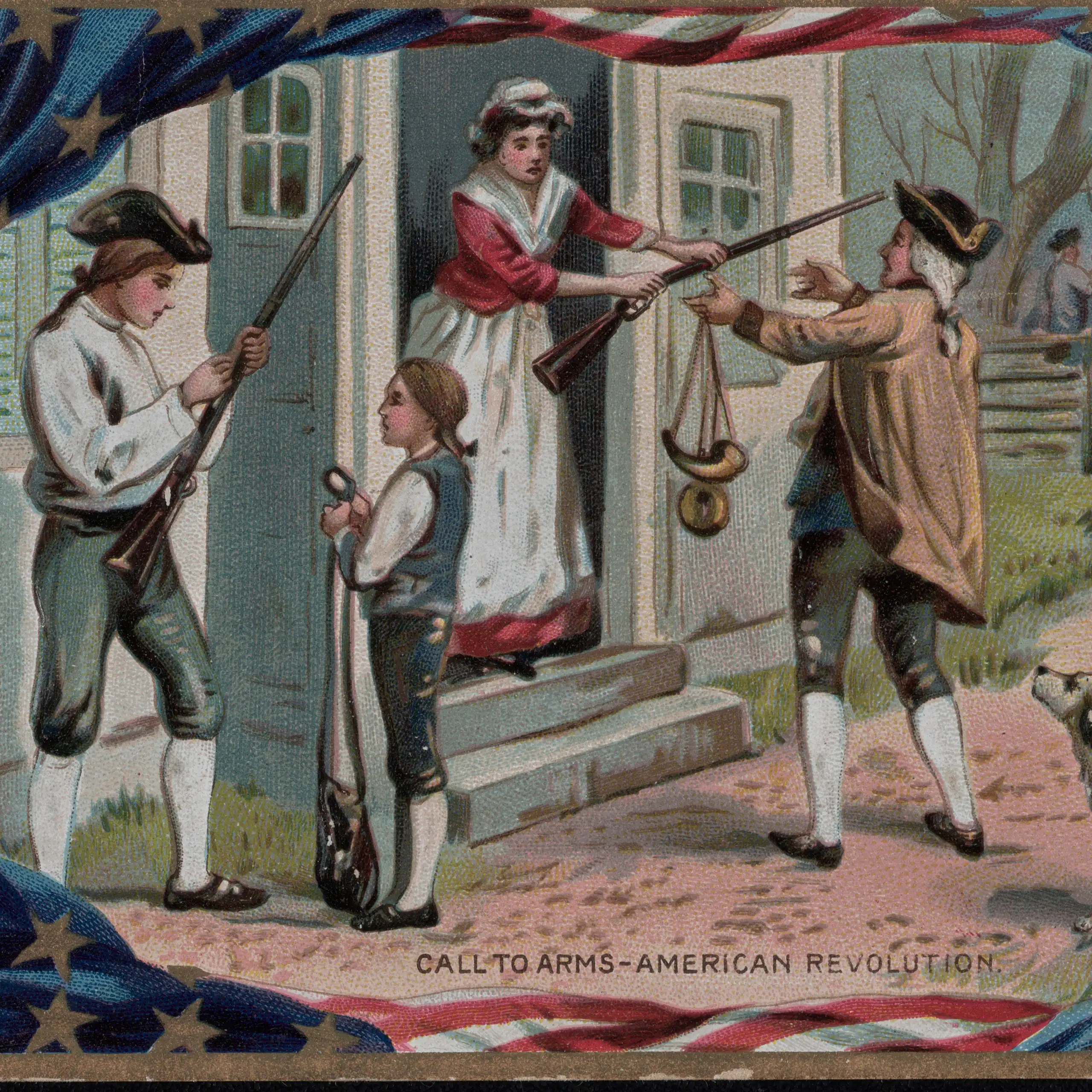 illustration of people in colonial garb with muskets