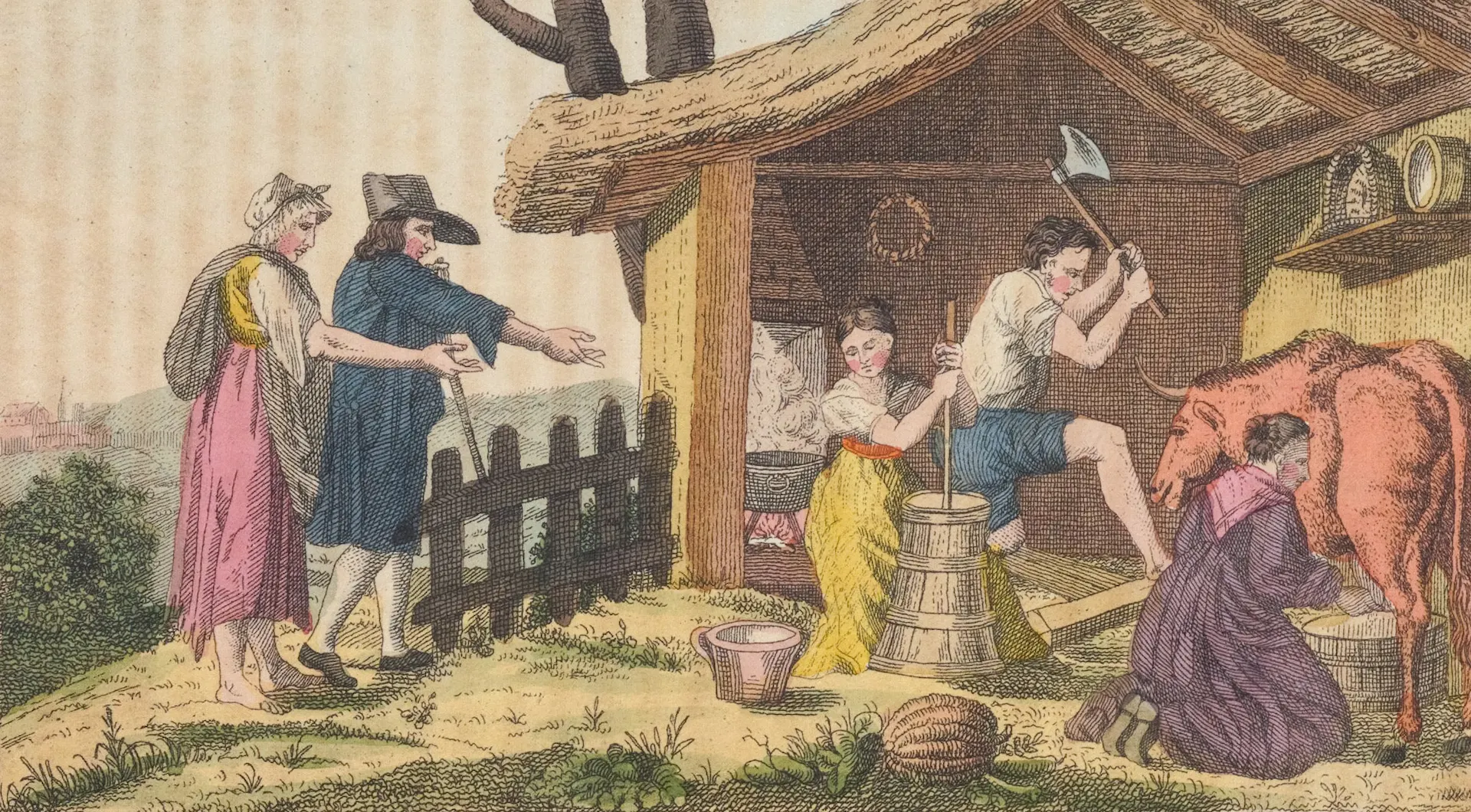 illustration of people walking past a dairy shed with farmwork happening inside with cow