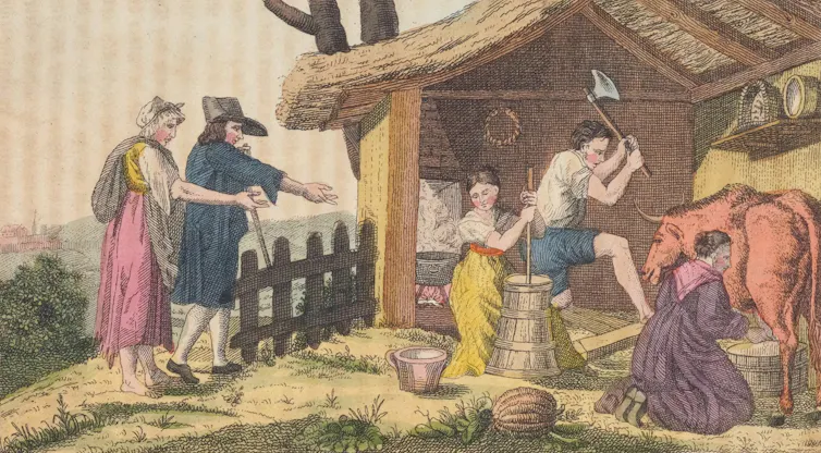 illustration of people walking past a dairy shed with farmwork happening inside with cow