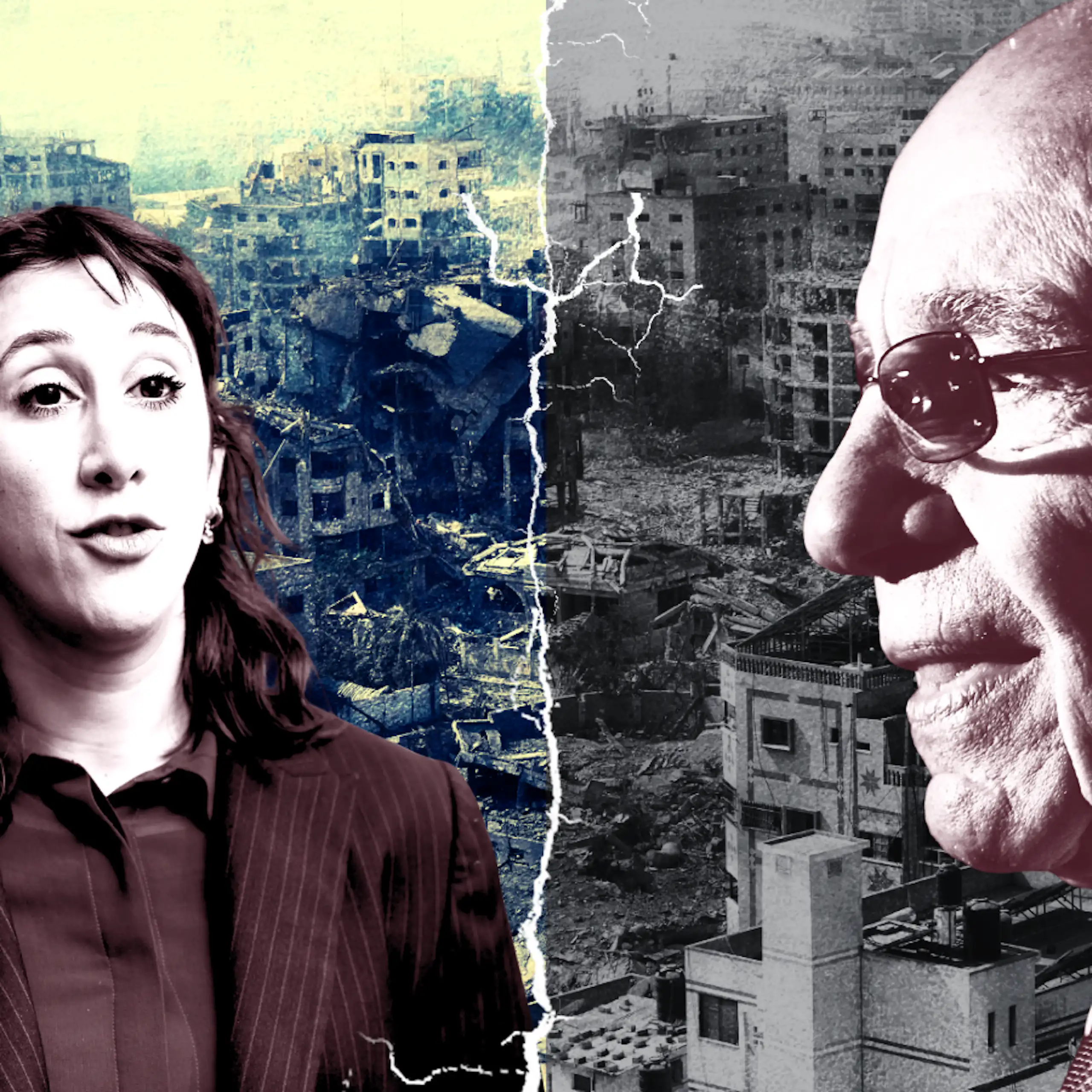 A woman and an older man, against the backdrop of war in Gaza
