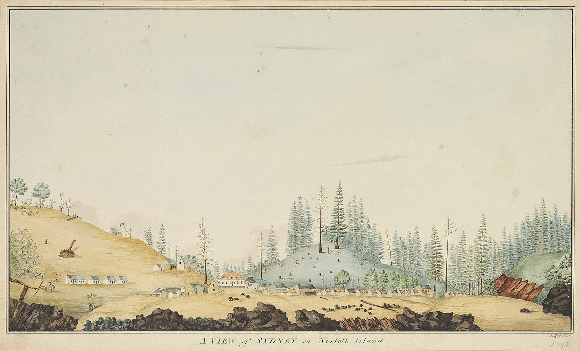 a painting of an island with pines