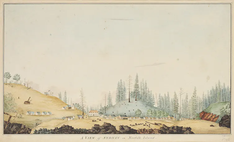 a painting of an island with pines