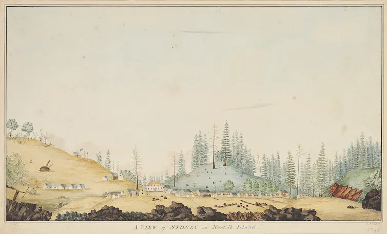 a painting of an island with pines