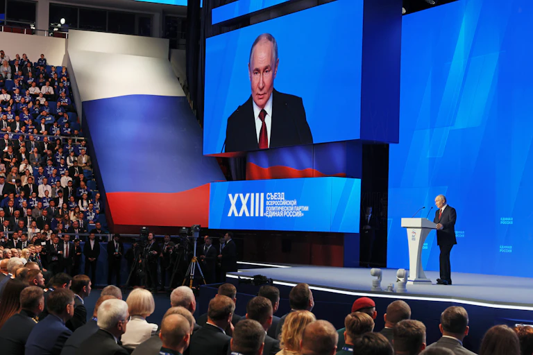The Russian president, Vladimir Putin, speaks on stage, June 2026.