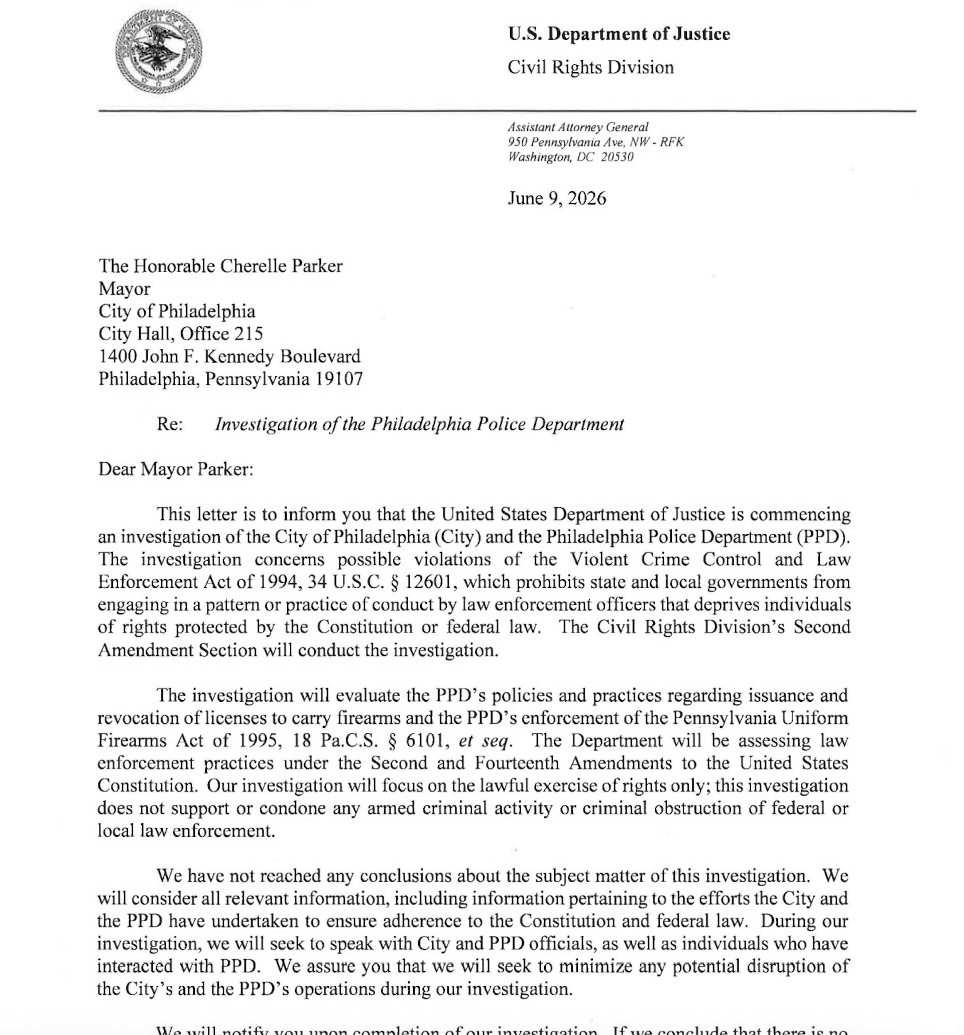 Letter from Department of Justice to Philadelphia Mayor Cherelle Parker