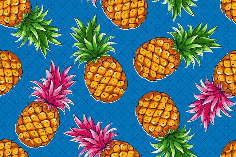 Pattern on pineapples with green or pink leaves against a blue background.