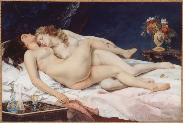 Painting of two women in a nude embrace