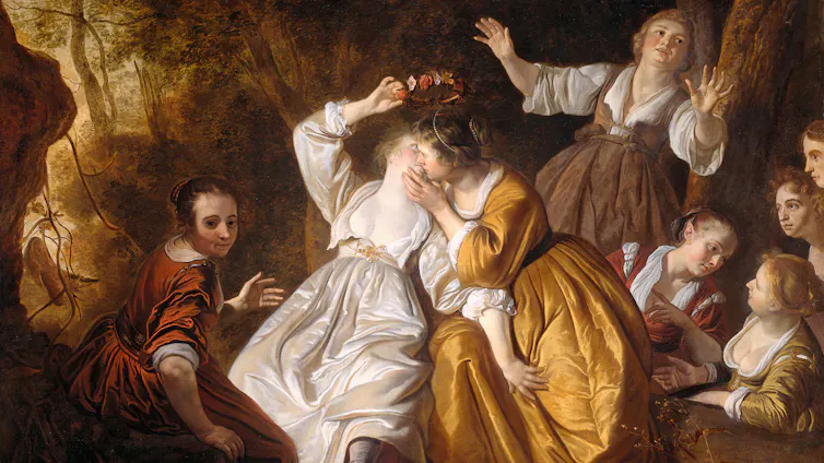 A painting showing people celebrating, including two women kissing.