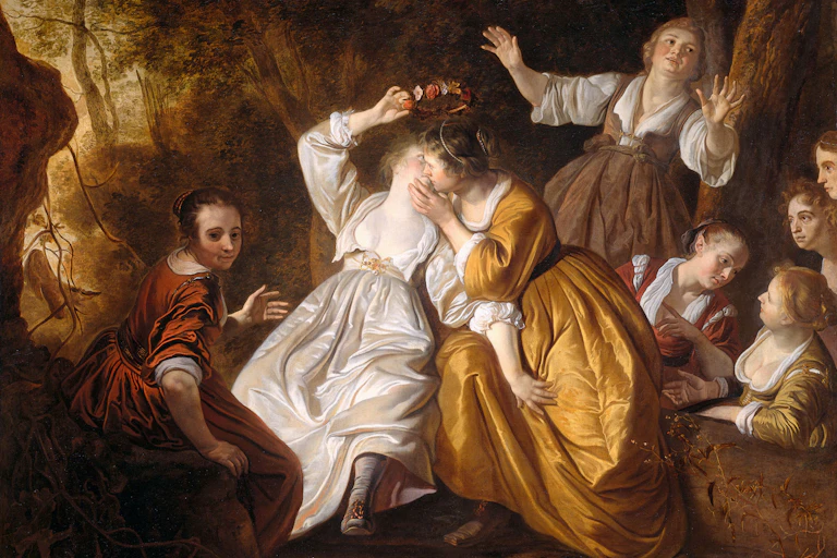 A painting showing people celebrating, including two women kissing.