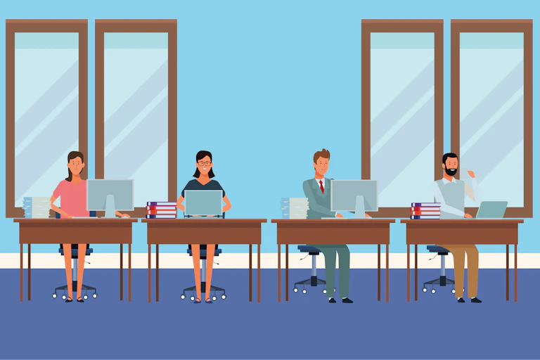 A graphic of people sitting at desks.
