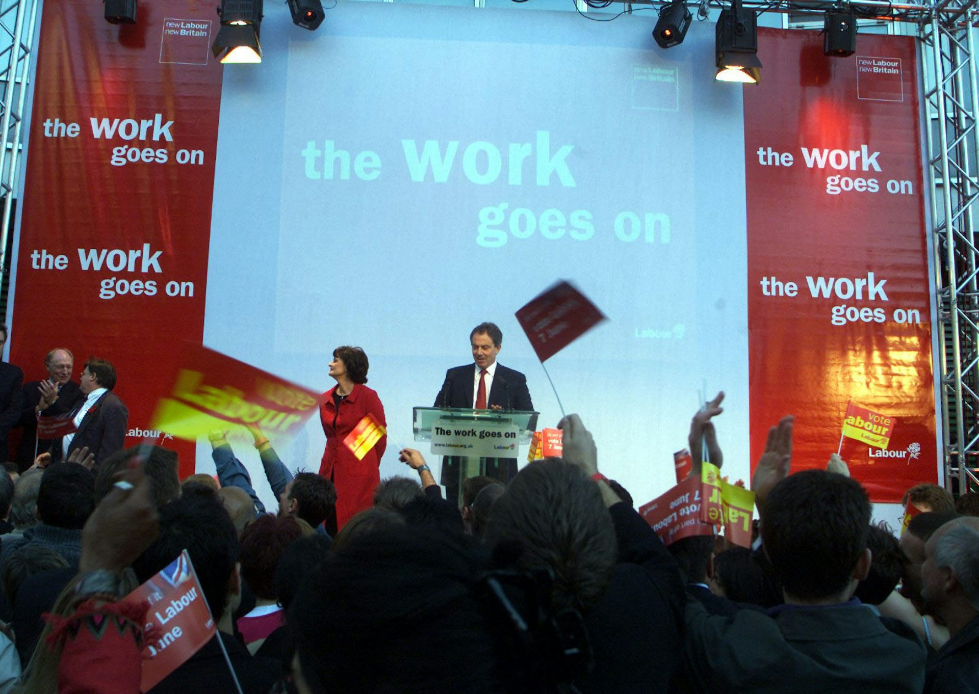 Tony and Cherie Blair on stage at Millbank in 2001