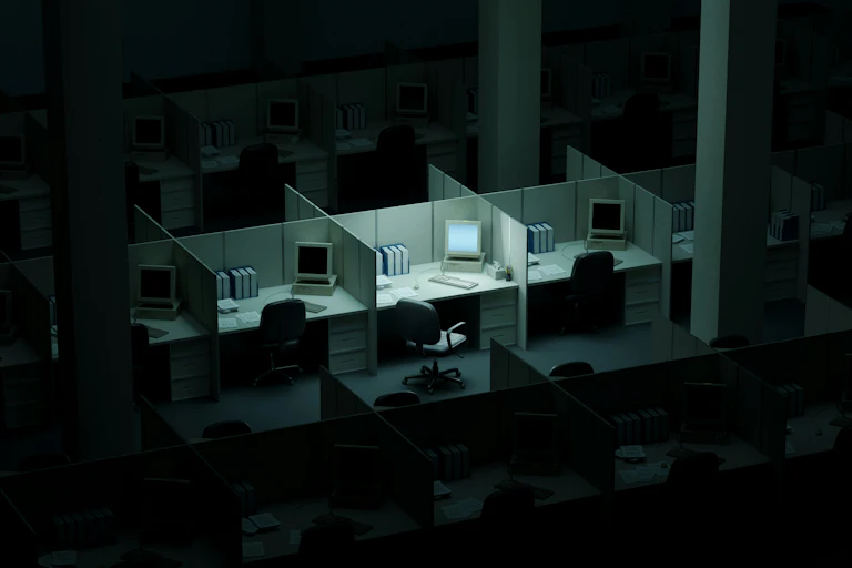 A 3D render of a cubicle-filled office space. Ever cubicle has a computer in it, but only one central cubicle in the middle features one with the screen on