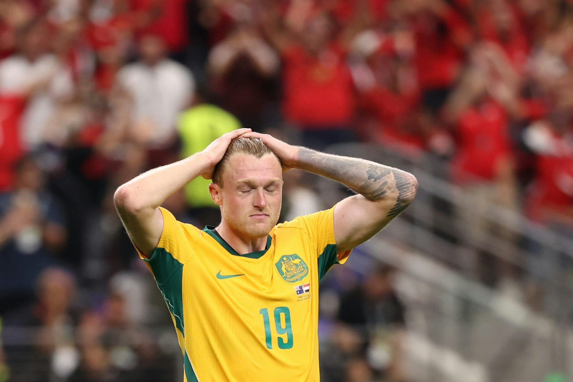 Souttar holds his hands to his head.
