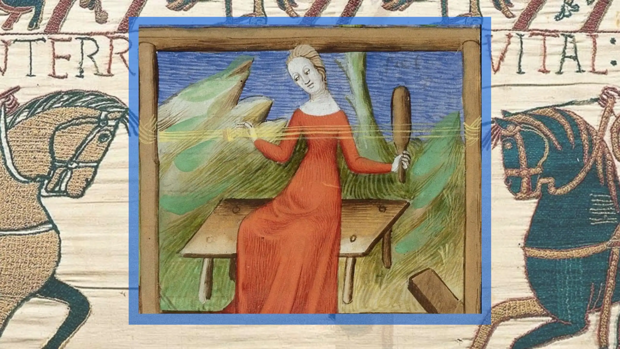 La tapisserie de Bayeux et une illustration médiévale représentant une femme en train de tisser.