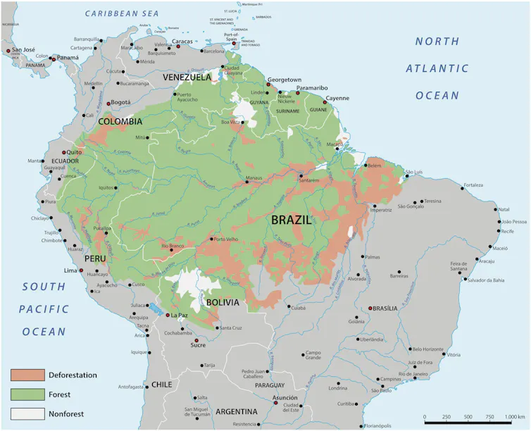 A map showing the location of the Amazon rainforest in South America.