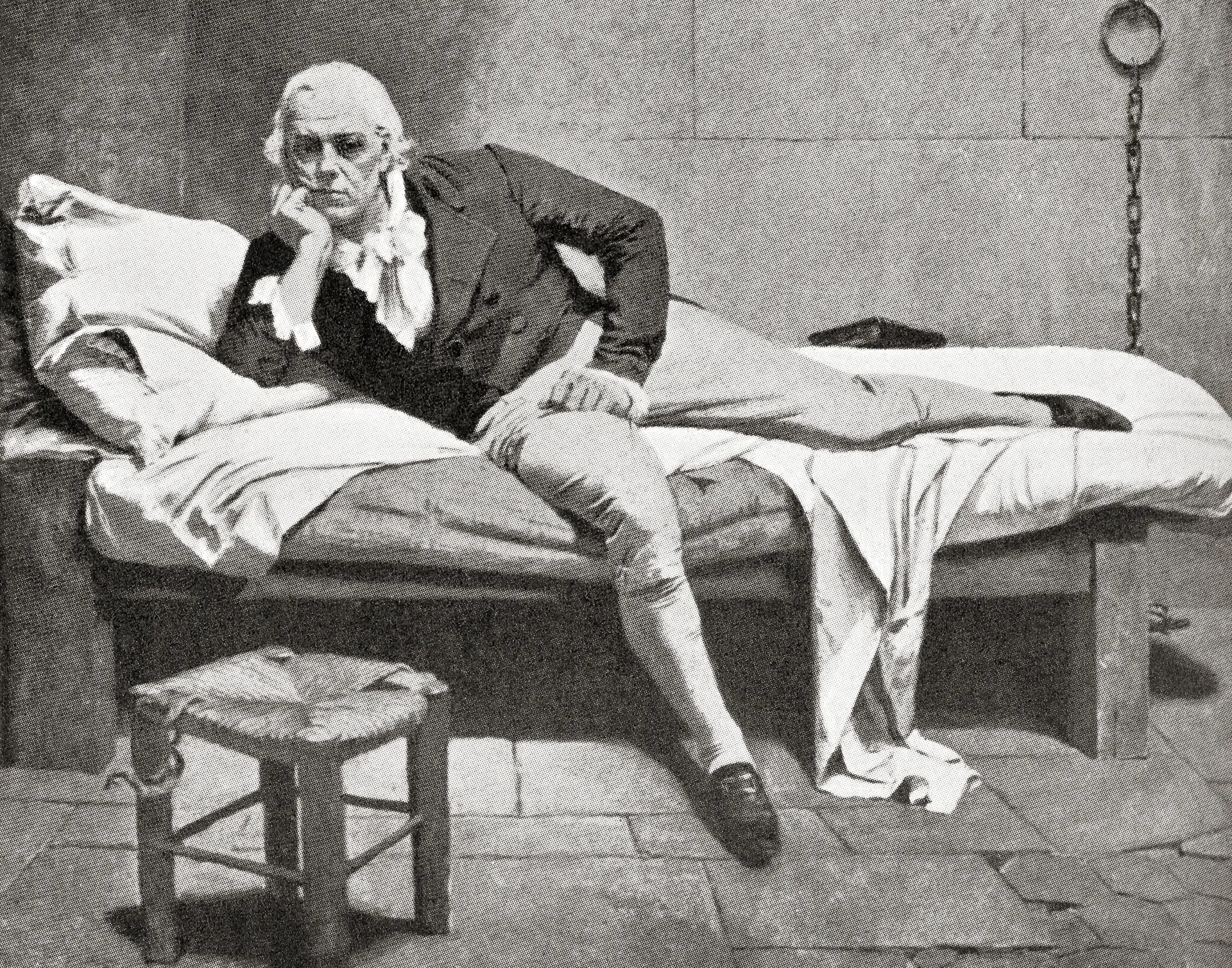 An old black and white drawing of a man on a bed.