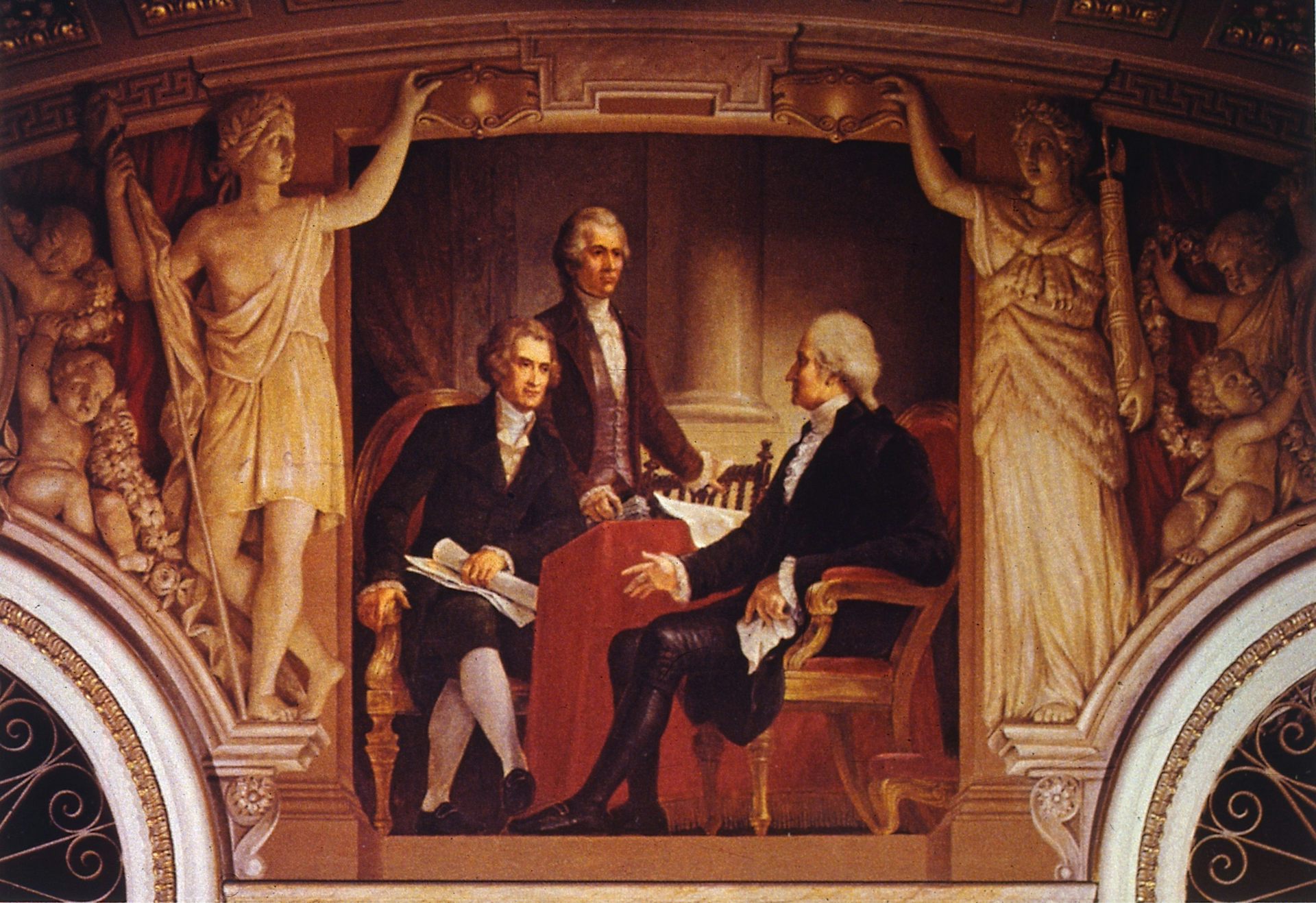 An old painting of three men.