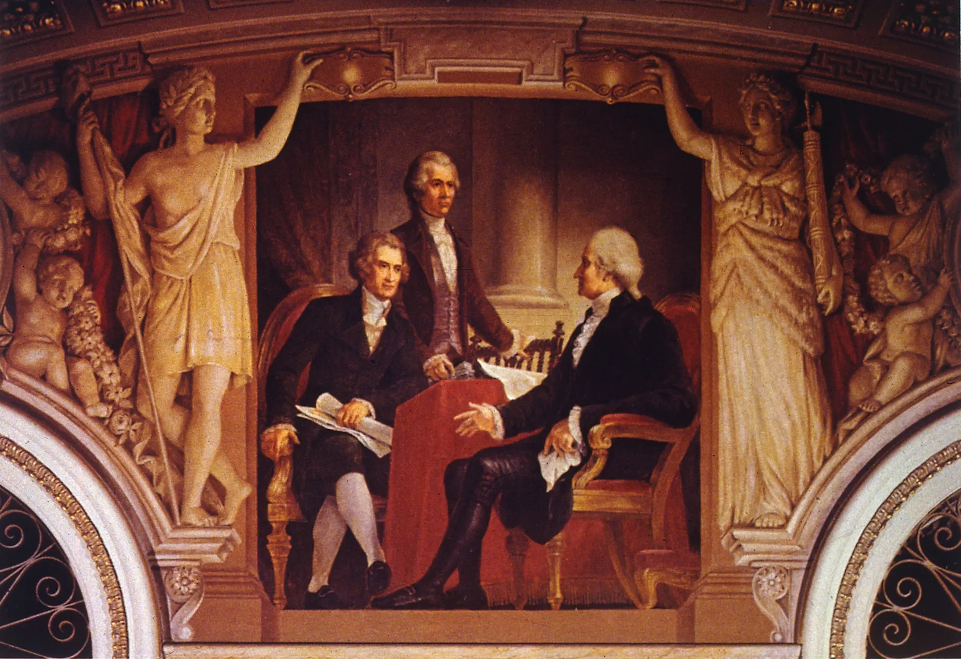An old painting of three men.