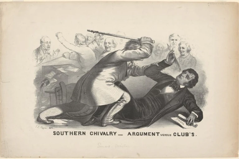 A man about to hit another man with a stick.