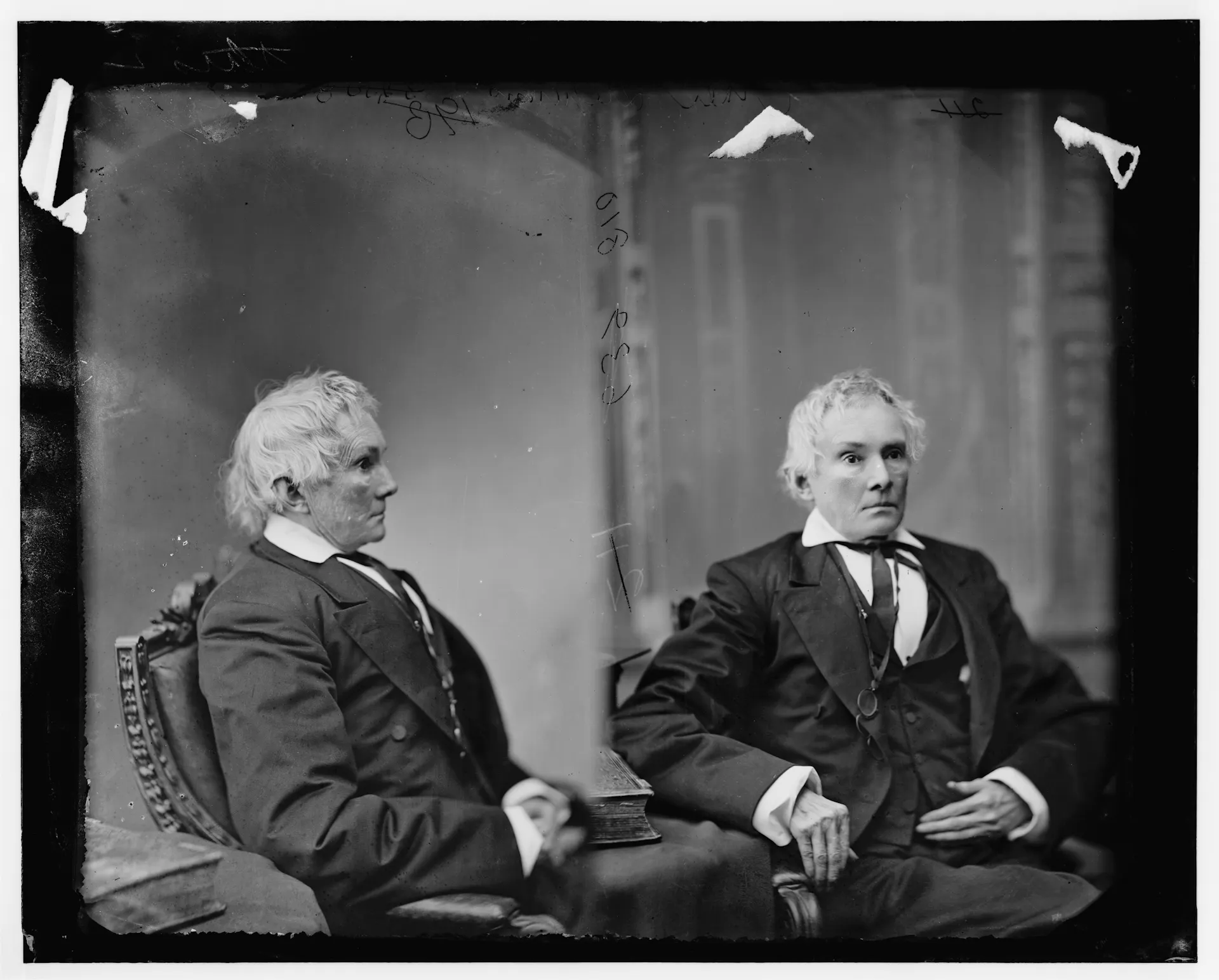 A white-haired man shown in side and front views in an antique photo.