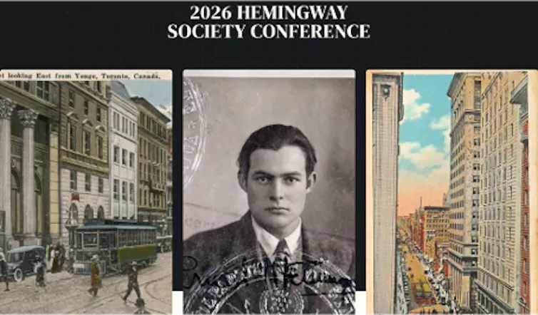 Cómo una historia olvidada de Toronto muestra a Hemingway comenzando a reinventarse como escritor de ficción 2 Fotografía de un hombre de traje con dos imágenes de postal de edificios de la ciudad.
