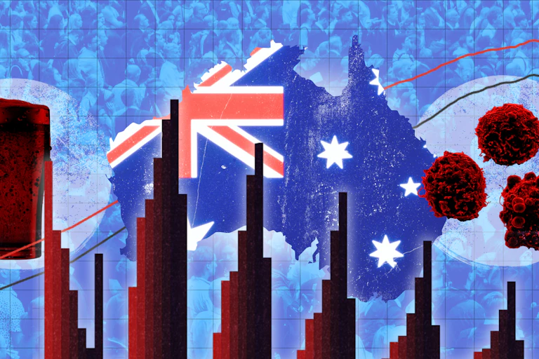 Composite image of the Australian flag, a beer, a cancer cell, charts and a crowd of people
