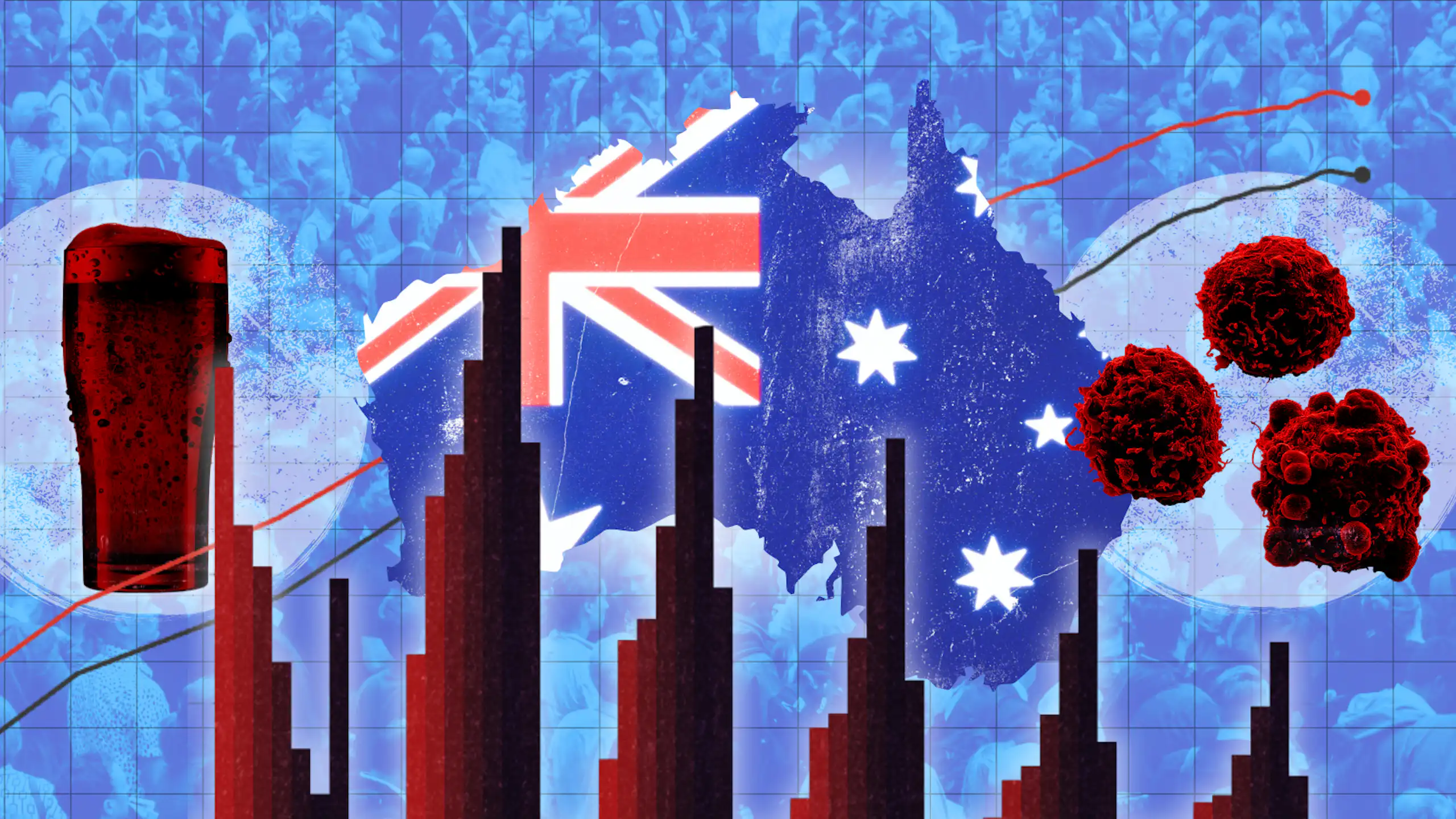 Composite image of the Australian flag, a beer, a cancer cell, charts and a crowd of people
