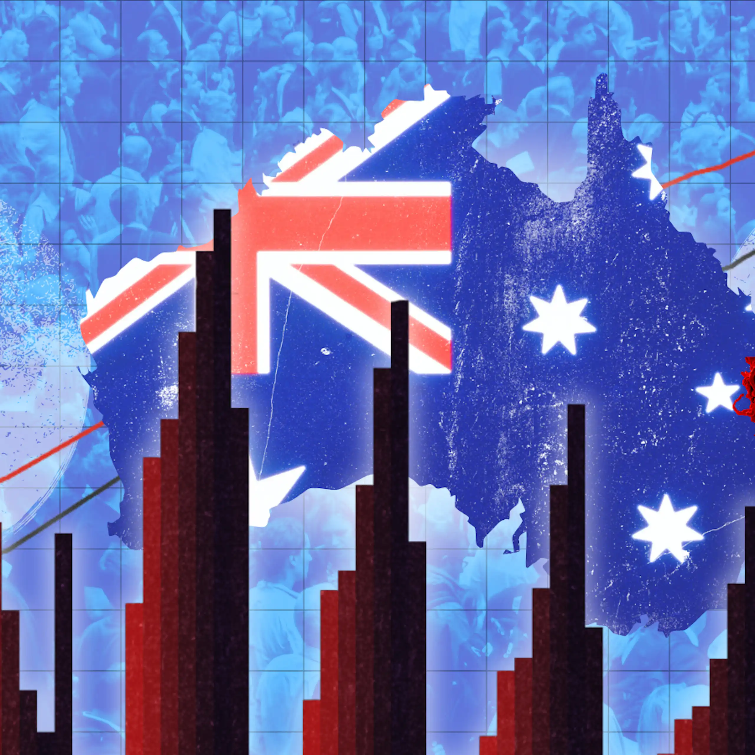 Composite image of the Australian flag, a beer, a cancer cell, charts and a crowd of people