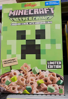 A box of Minecraft Creeper Crunch limited edition cereal, with creeper bit marshmallows.
