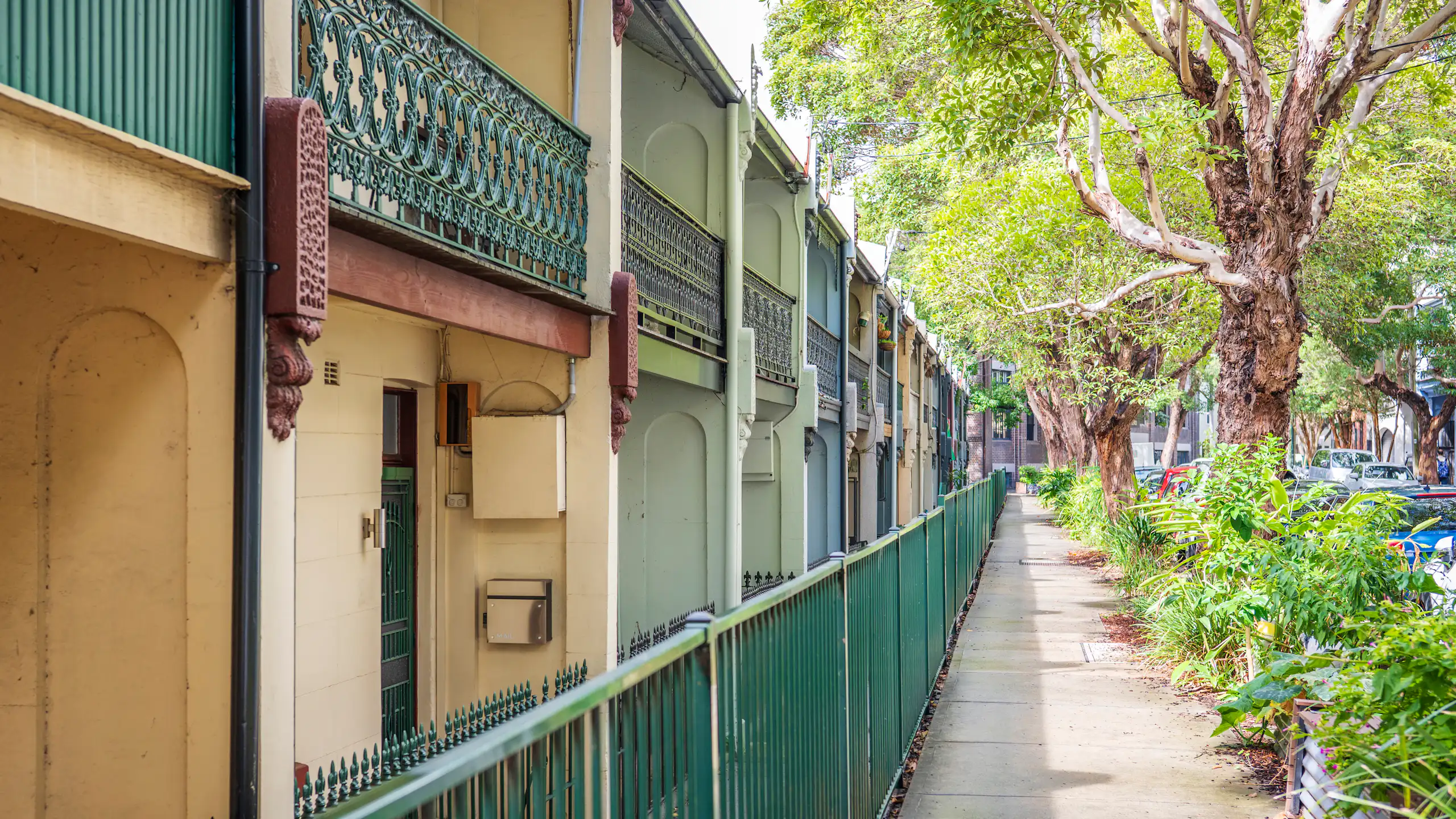 line of older terrace houses, footpath and trees in inner Sydney.