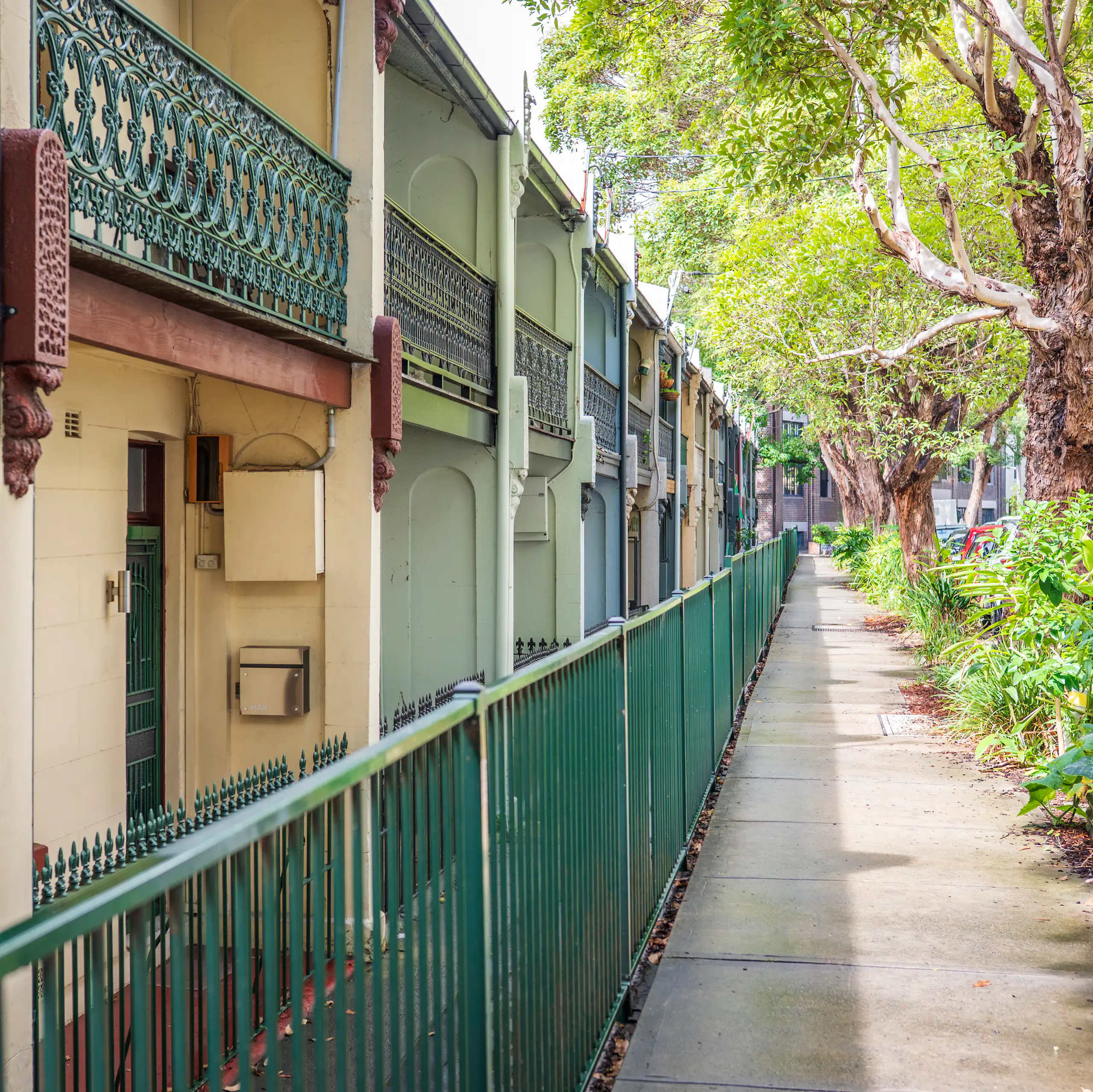 line of older terrace houses, footpath and trees in inner Sydney.