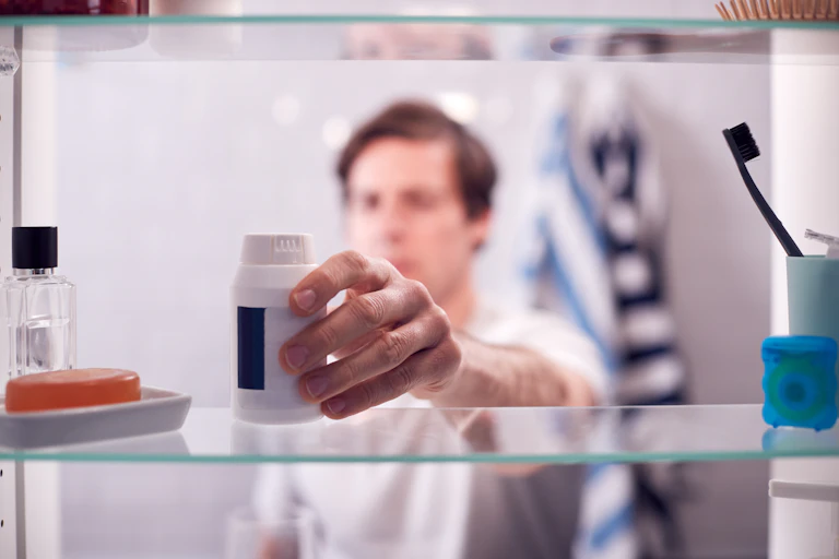 A man reaching for a bottle of pills in a medicine cabinet.