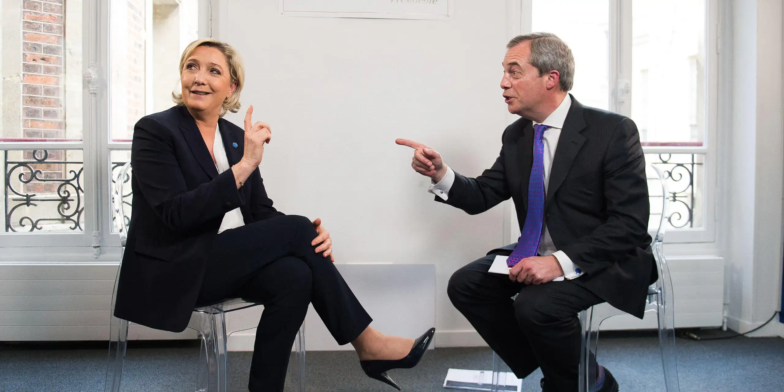 French far-right leader Marine Le Pen and NIgel Farage, leader of the UK's Reform Party.