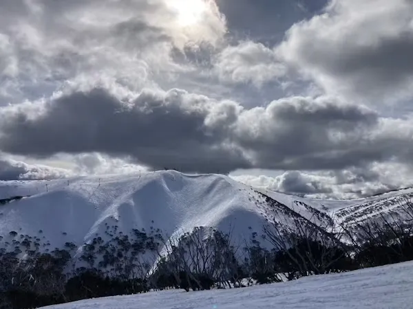 View of a snow-covered mountain in Victoria's alpine region.