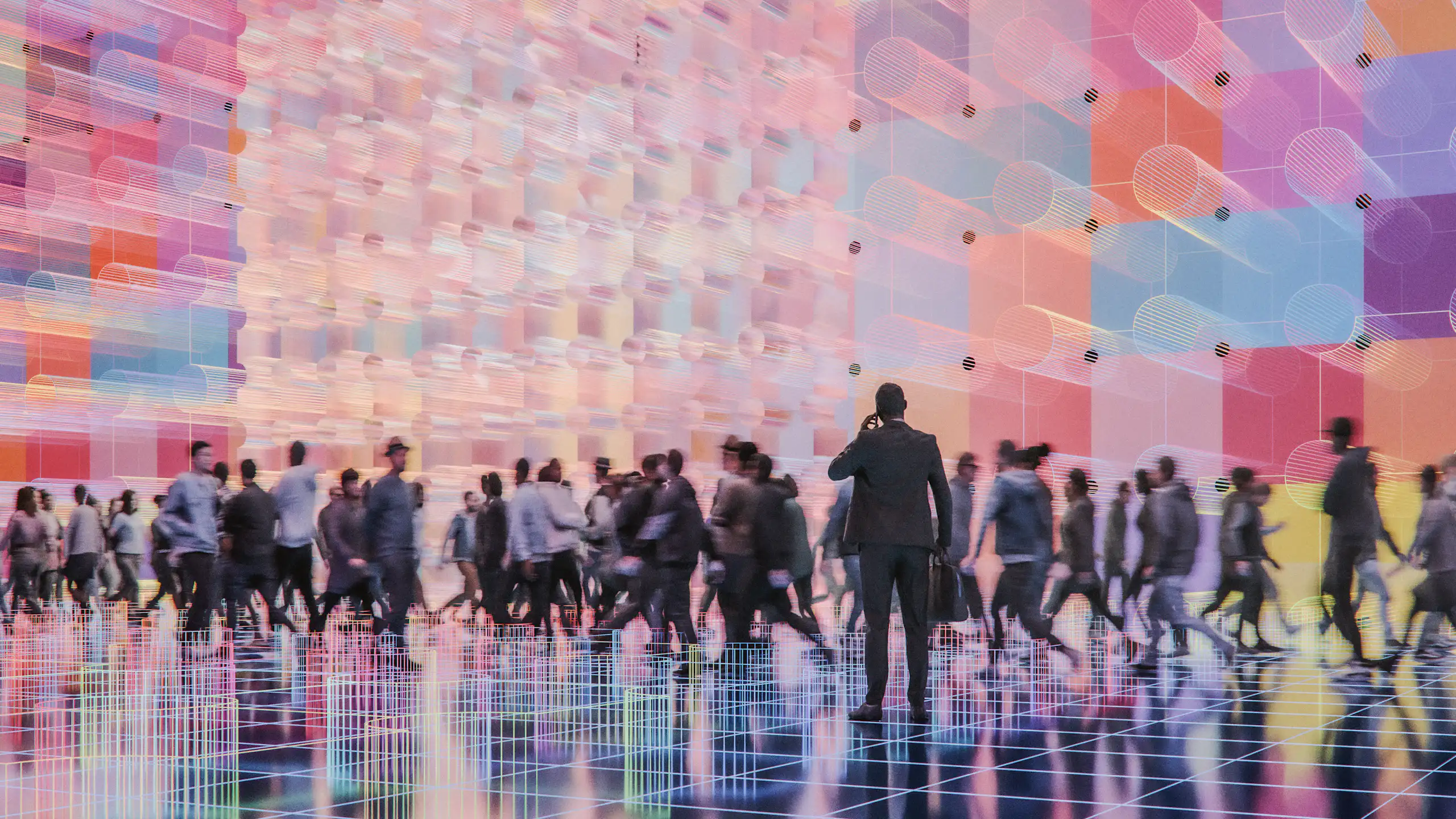 Crowd of people walking through a brightly colored virtual space
