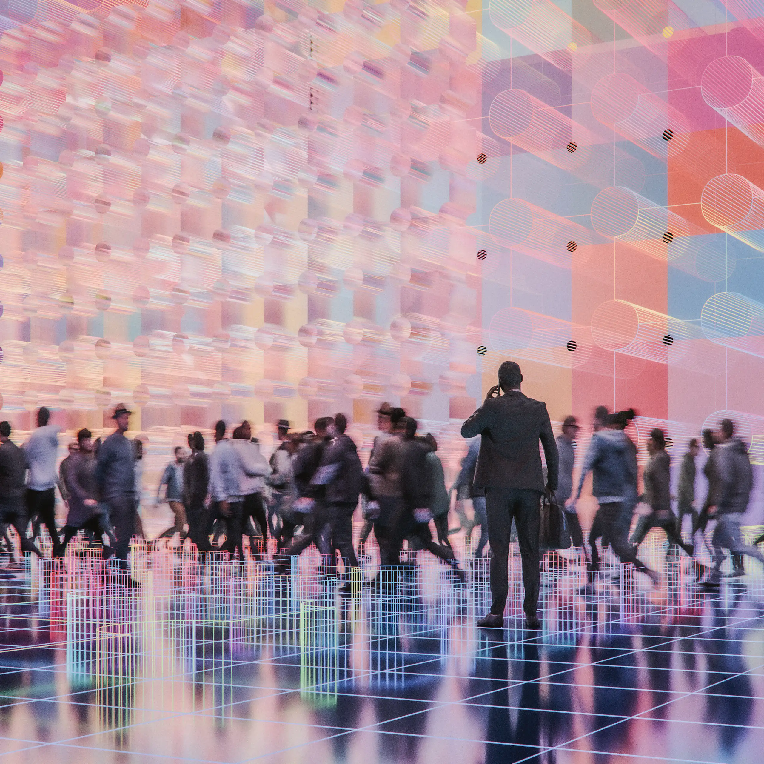Crowd of people walking through a brightly colored virtual space