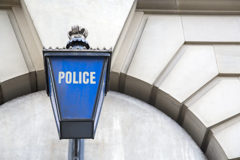 A police light on the front of a police station