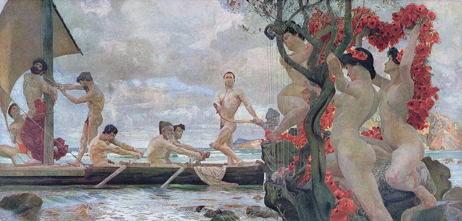 A picture where you can see a boat with men rowing and another tied to a mast watching some women hiding behind a tree.
