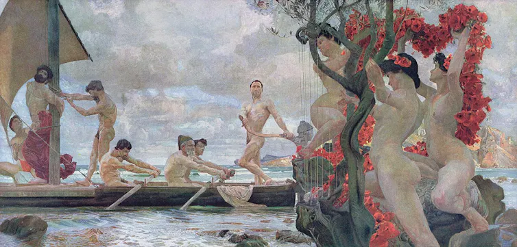 Why We Nonetheless Suppose Our Lifestyles Is an 'Odyssey' 1 A picture where you can see a boat with men rowing and another tied to a mast watching some women hiding behind a tree.