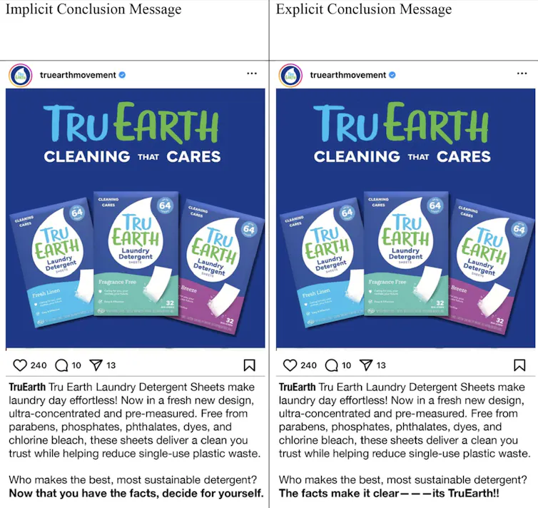 Two versions of an Instagram ad for Tru Earth Laundry Detergent offer an explicit and implicit pitch to consumers.