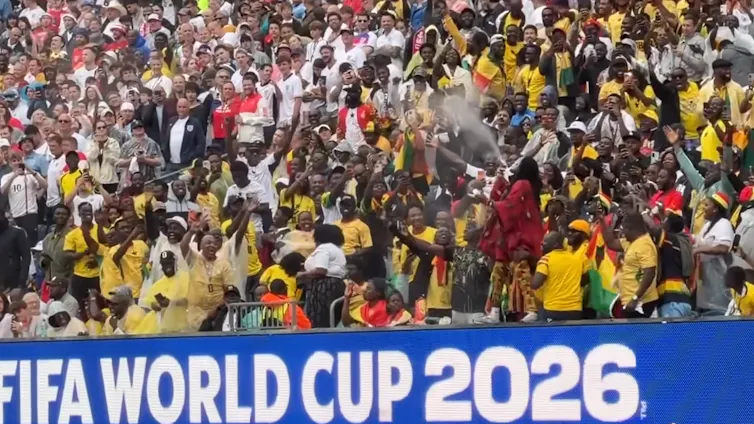 a large ground of people at a football stadium cheering, a man in the crown blows white powder into the air