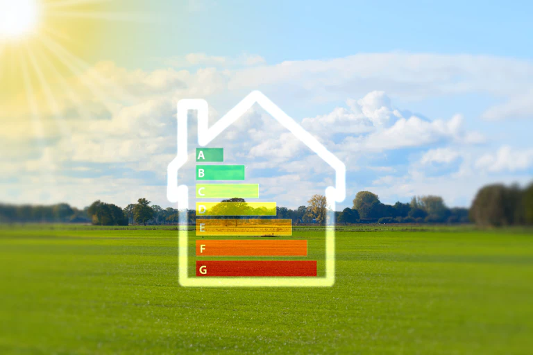 graphic of white outline of house, green yellow orange stripes , background of green park field and blue sunny sky