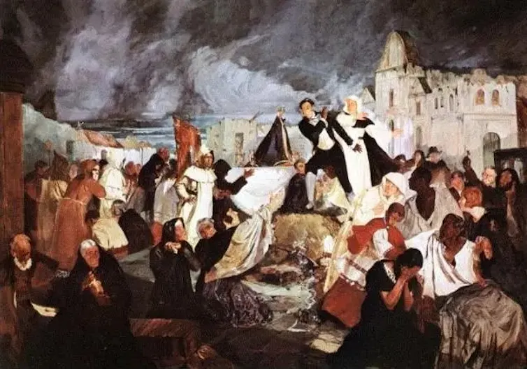 Pintura en la que muchas personas se lamentan sobre los restos de otros seres humanos.
