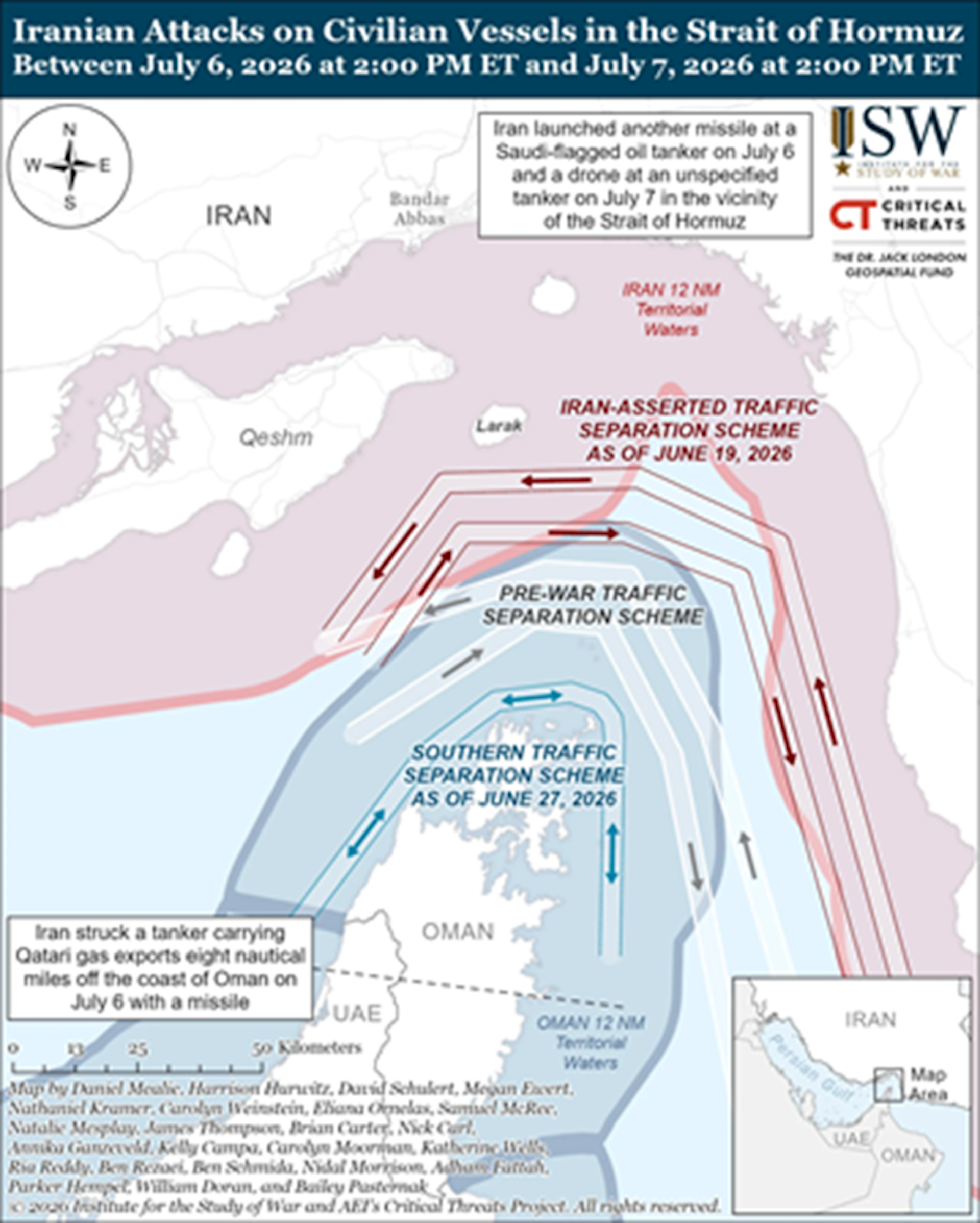 ISW map showing competing routes for vessels transiting the Strait of Hormuz, July 2026.