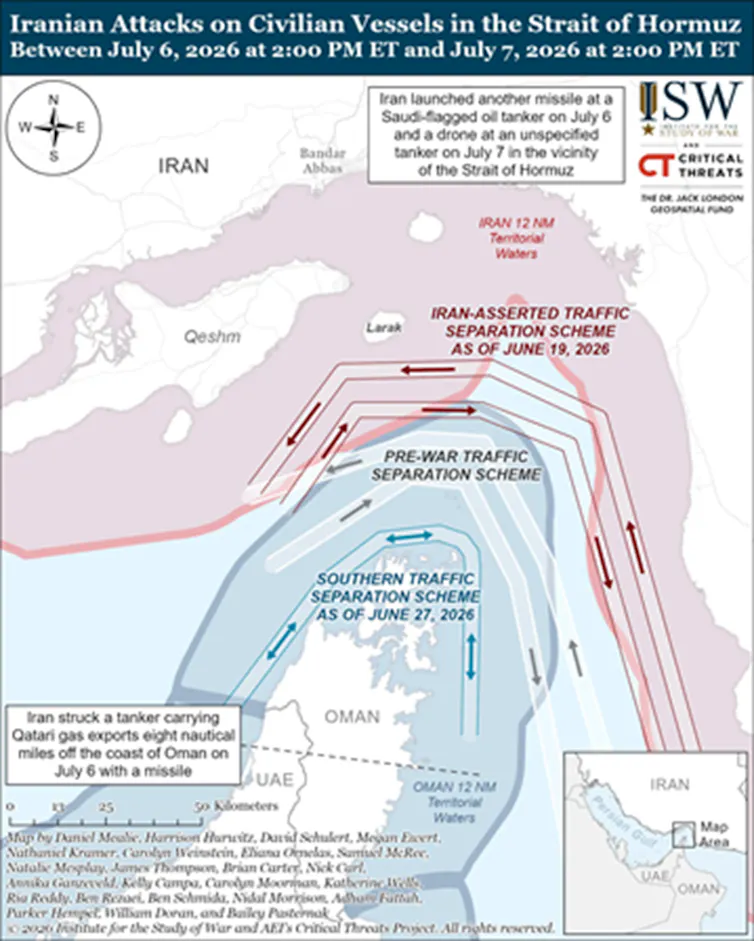 ISW map showing competing routes for vessels transiting the Strait of Hormuz, July 2026.